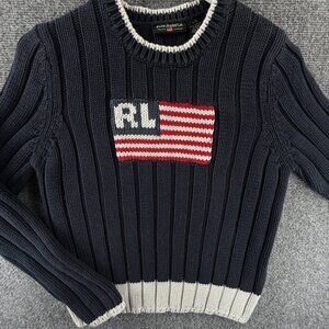 Ralph Lauren Flag Sweater USA Women Red White Blue Large Cotton Knit Ribbed Crew